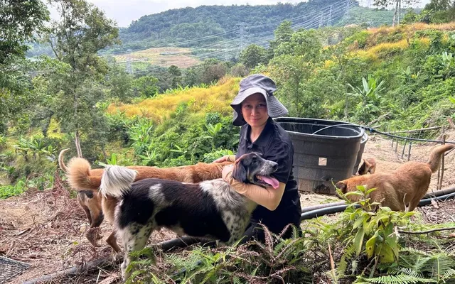 Dr Kartini crouching with friendly dogs during a farm visit