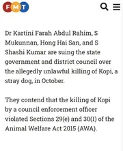 Newspaper clipping: Animal lovers sue Terengganu govt, Besut council over dog shooting
